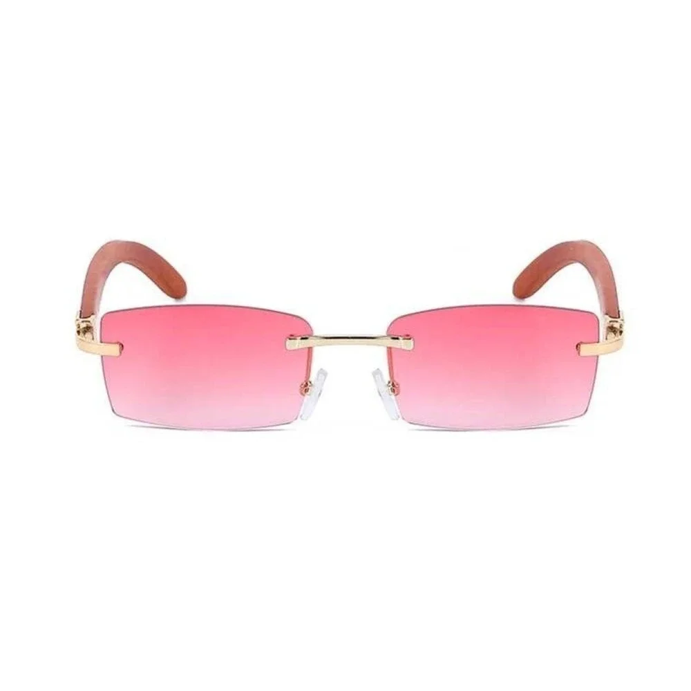 Rimless Sunglasses‎ Pink Lens Wood Arms Gold Accents Men's Classic Retro Gafas